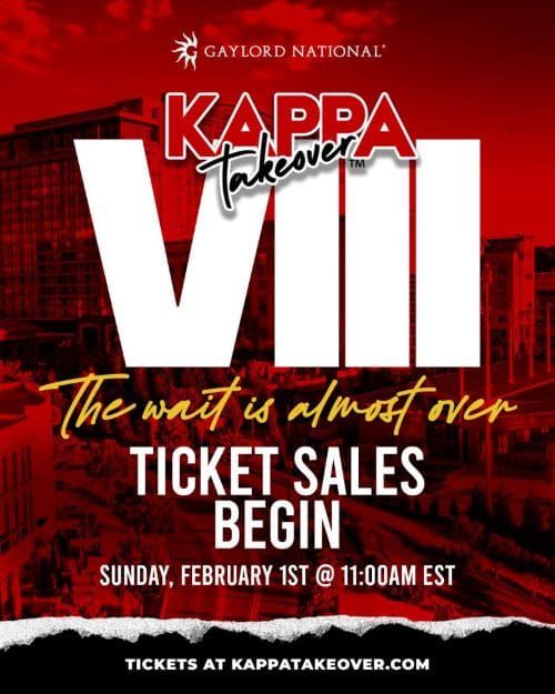 MKYF Promotional poster for Kappa Takeover 2026 at Gaylord National, announcing tickets go on sale Sunday, February 1st at 11:00am EST.
