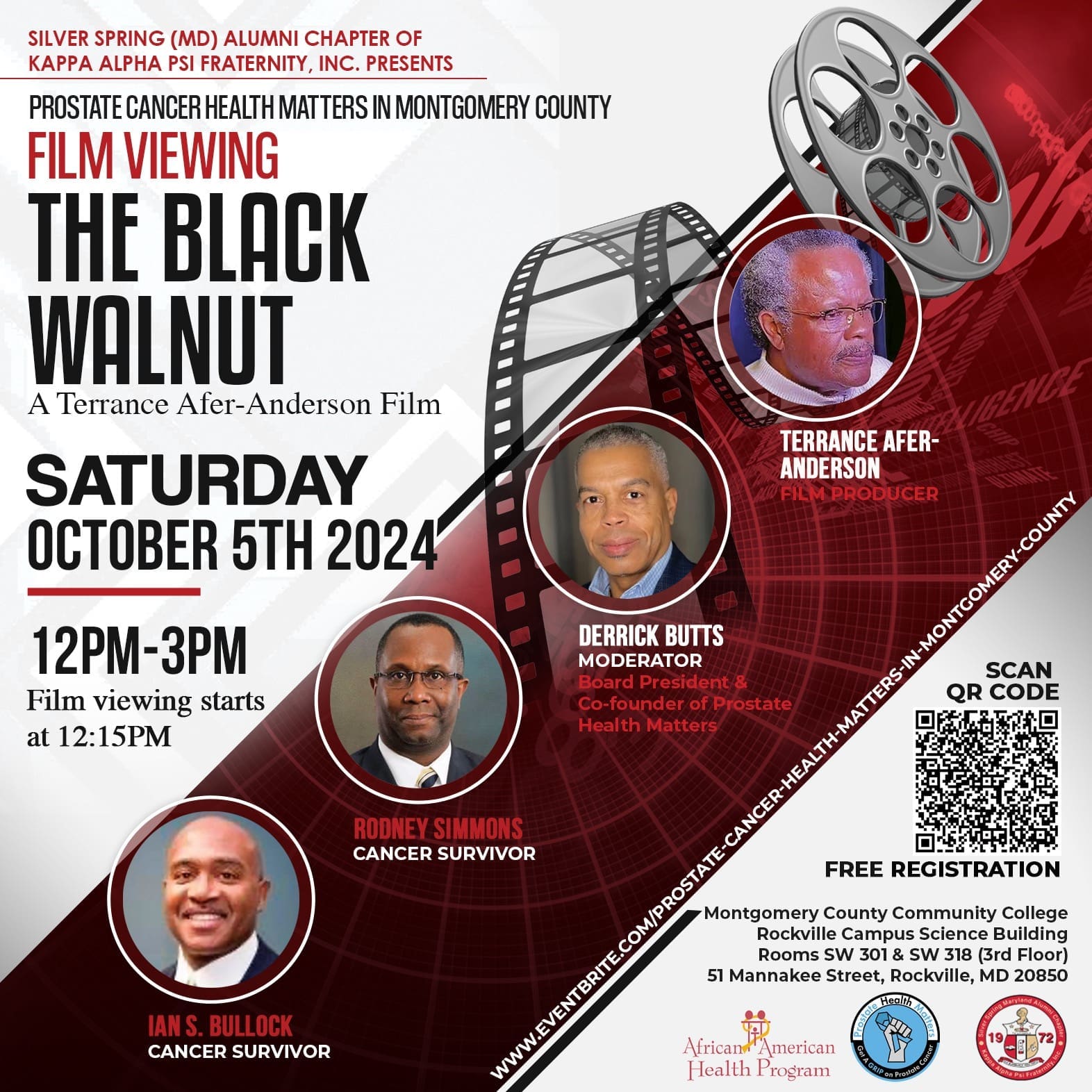 MKYF         Poster for "The Black Walnut" film viewing on Saturday, October 5th, 2024, from 12 PM-3 PM. Featuring a discussion with film producer Terrance Afer-Anderson and prostate cancer survivors. Free registration available through Auto Draft.