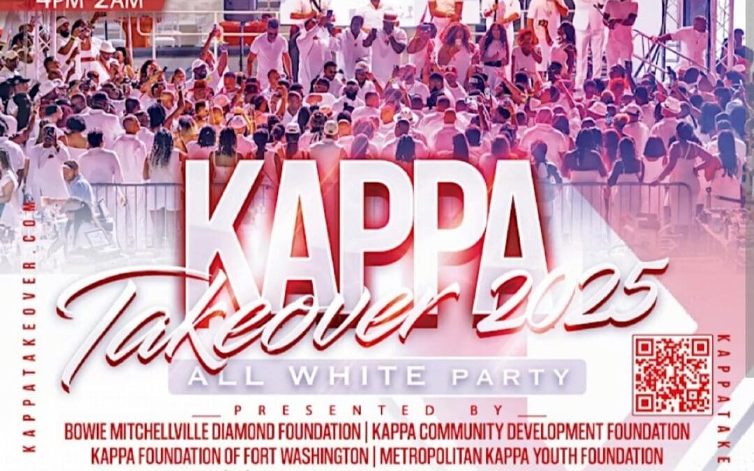 MKYF Flyer for "Kappa Takeover 2025 All White Party" at MGM Oxon Hill, MD, June 14, 4pm–2am. Enjoy top DJs and a stylish night out, all sponsored by Kappa organizations. Don’t miss the ultimate Kappa Takeover experience!.