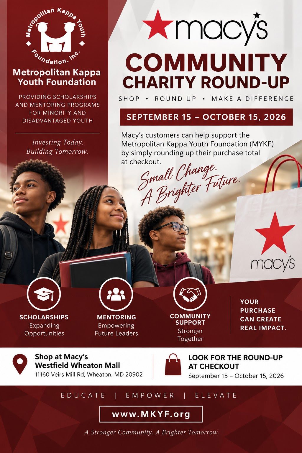 MKYF A Macy’s charity event poster promotes a round-up program for the Metropolitan Kappa Youth Foundation, running September 15–October 15, 2026, with photos of diverse youth holding books.