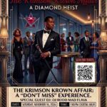 MKYF A well-dressed man stands in an elegant, dimly lit room with a diamond-themed decor. Event details for “The Krimson Krown Affair: A Diamond Heist” are displayed around him.