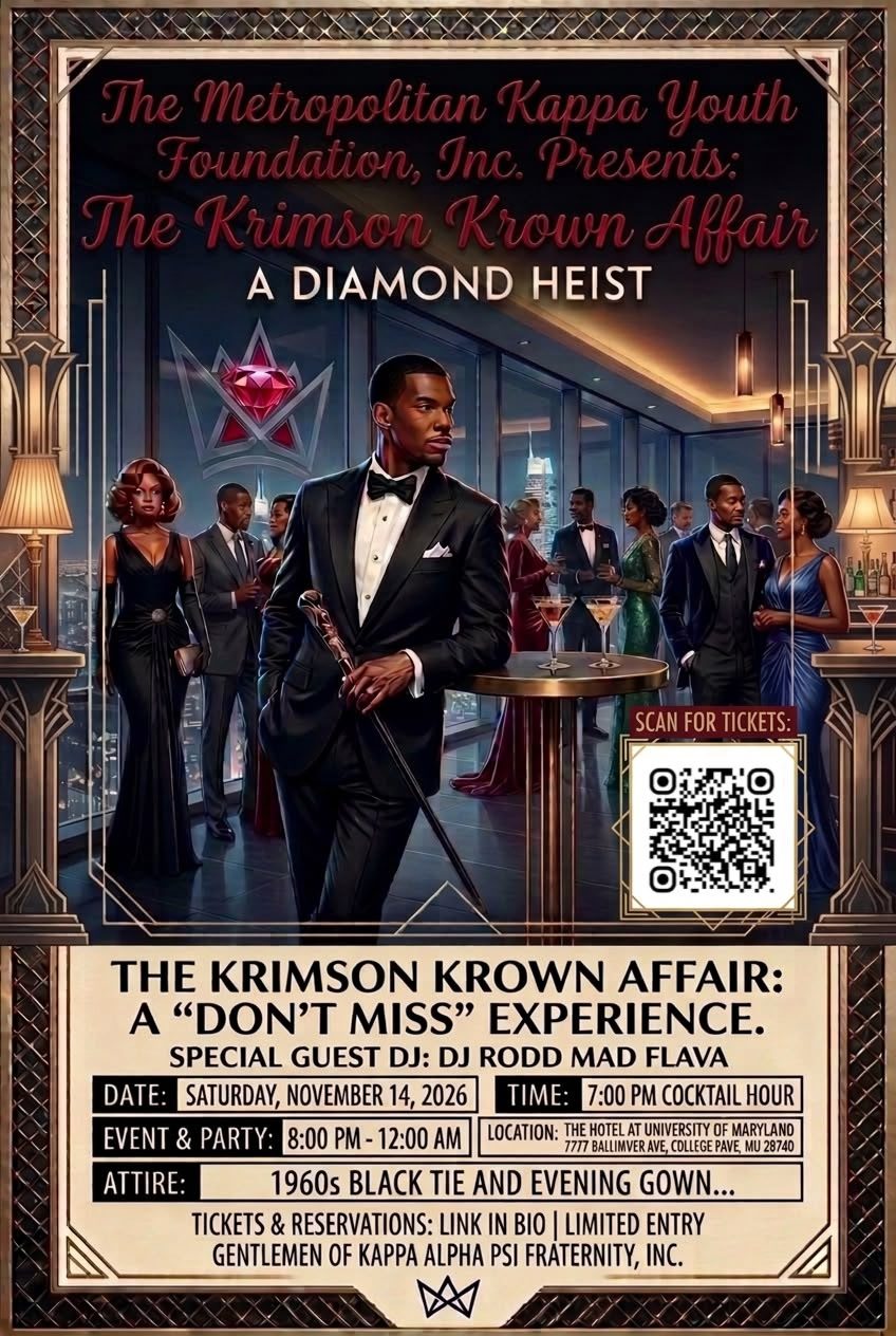 MKYF A well-dressed man stands in an elegant, dimly lit room with a diamond-themed decor. Event details for “The Krimson Krown Affair: A Diamond Heist” are displayed around him.