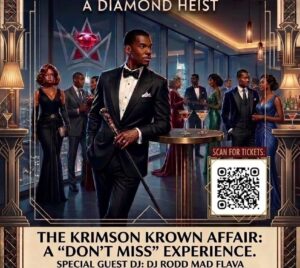 MKYF A well-dressed man stands in an elegant, dimly lit room with a diamond-themed decor. Event details for “The Krimson Krown Affair: A Diamond Heist” are displayed around him.